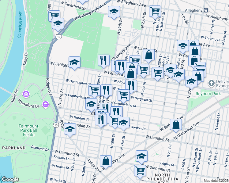 map of restaurants, bars, coffee shops, grocery stores, and more near 2557 North Dover Street in Philadelphia