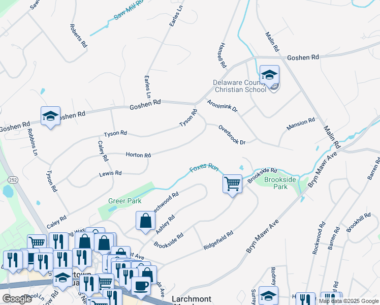 map of restaurants, bars, coffee shops, grocery stores, and more near 3412 Horton Road in Newtown Square