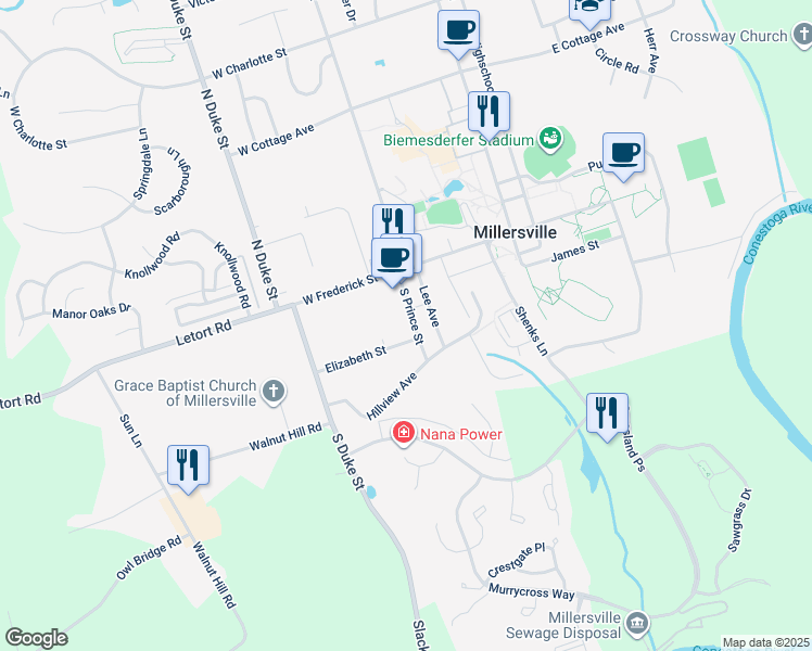 map of restaurants, bars, coffee shops, grocery stores, and more near 44 South Prince Street in Millersville