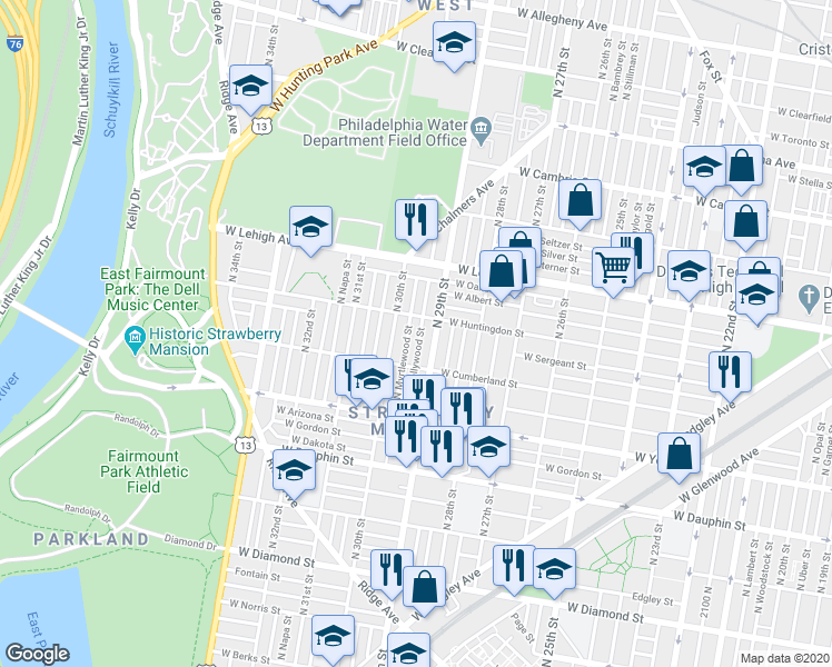 map of restaurants, bars, coffee shops, grocery stores, and more near 2546 North Hollywood Street in Philadelphia