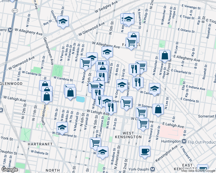 map of restaurants, bars, coffee shops, grocery stores, and more near 2899 North Lawrence Street in Philadelphia