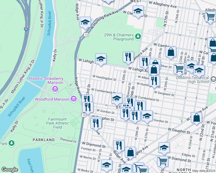 map of restaurants, bars, coffee shops, grocery stores, and more near 2529 North Napa Street in Philadelphia