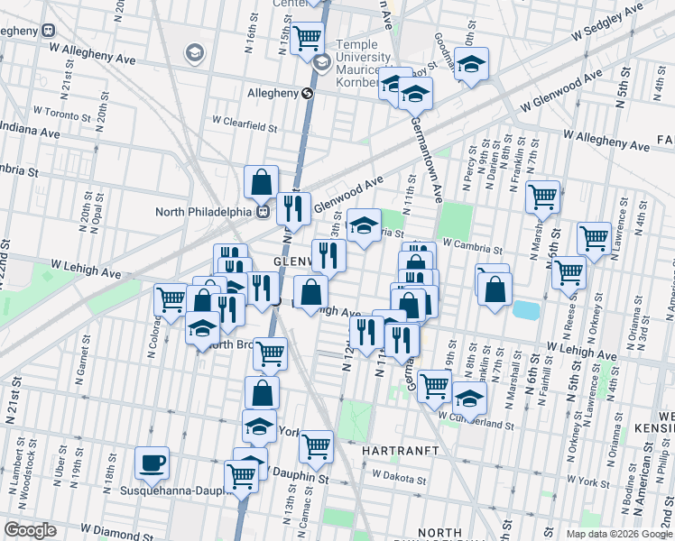 map of restaurants, bars, coffee shops, grocery stores, and more near 2731 North 13th Street in Philadelphia