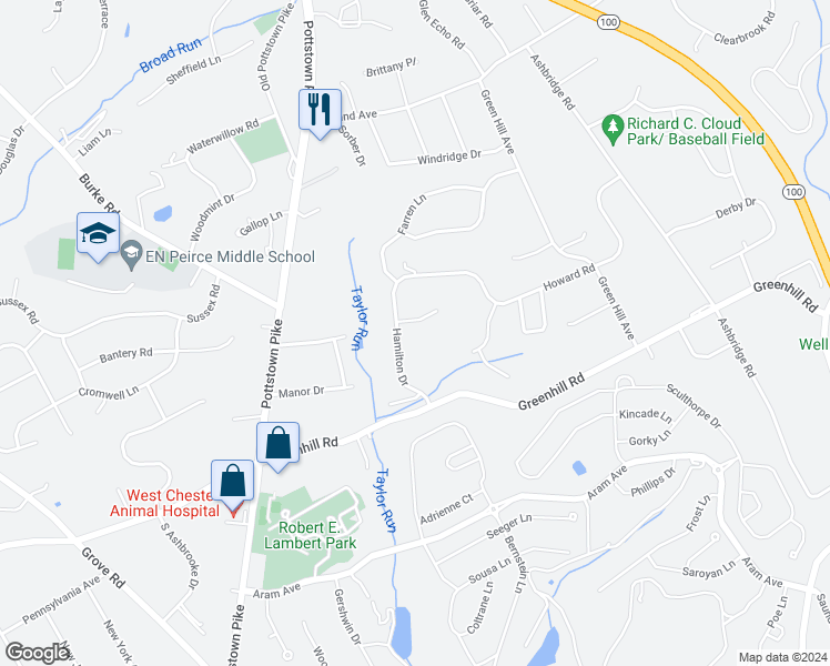map of restaurants, bars, coffee shops, grocery stores, and more near 204 Alyssa Circle in West Chester