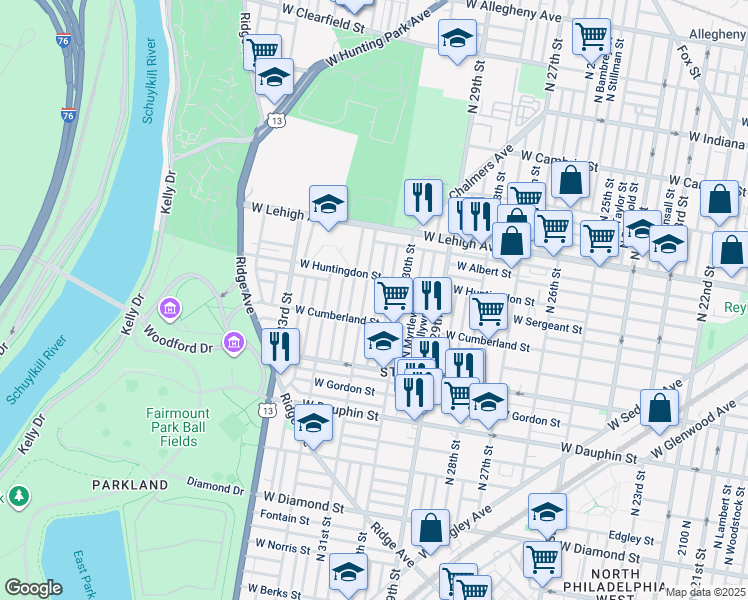 map of restaurants, bars, coffee shops, grocery stores, and more near 2532 North Stanley Street in Philadelphia
