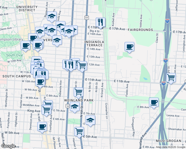 map of restaurants, bars, coffee shops, grocery stores, and more near 330 East 11th Avenue in Columbus