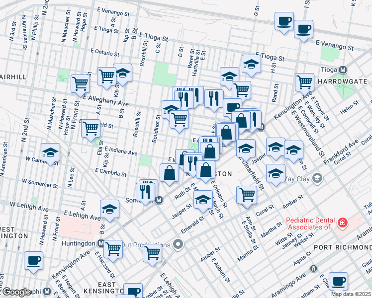 map of restaurants, bars, coffee shops, grocery stores, and more near 3038 E Street in Philadelphia