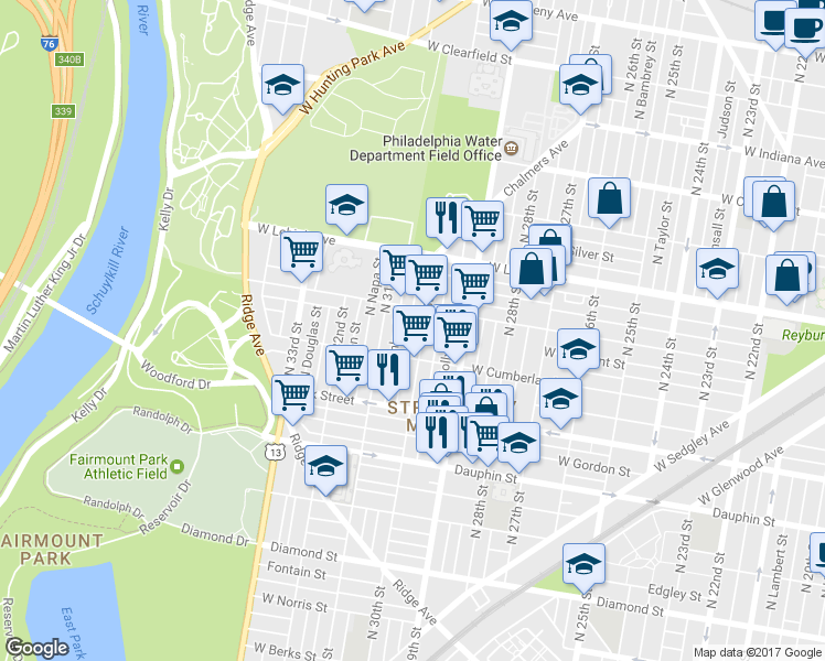 map of restaurants, bars, coffee shops, grocery stores, and more near 2539 North Corlies Street in Philadelphia