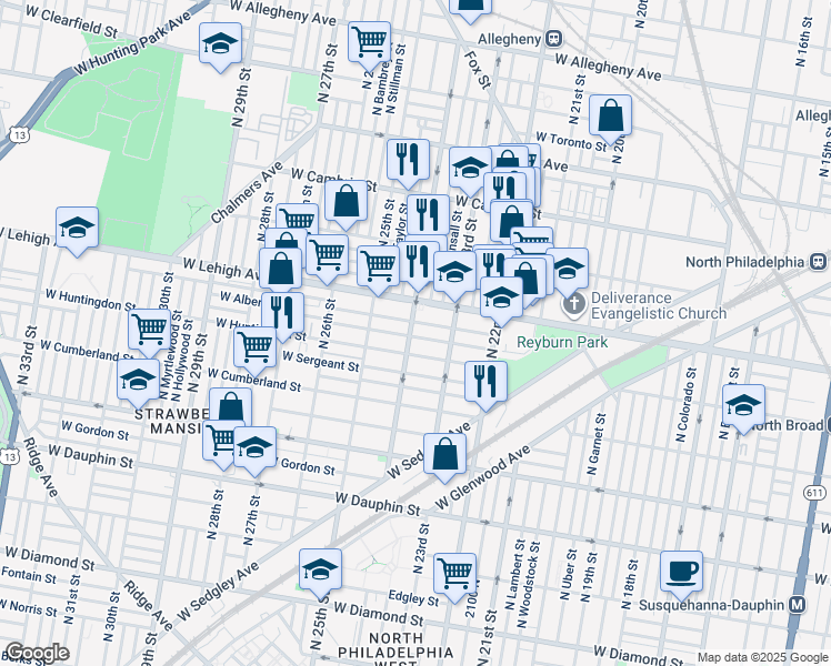 map of restaurants, bars, coffee shops, grocery stores, and more near 2623 North 24th Street in Philadelphia