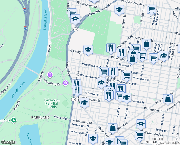map of restaurants, bars, coffee shops, grocery stores, and more near 2524 North Patton Street in Philadelphia