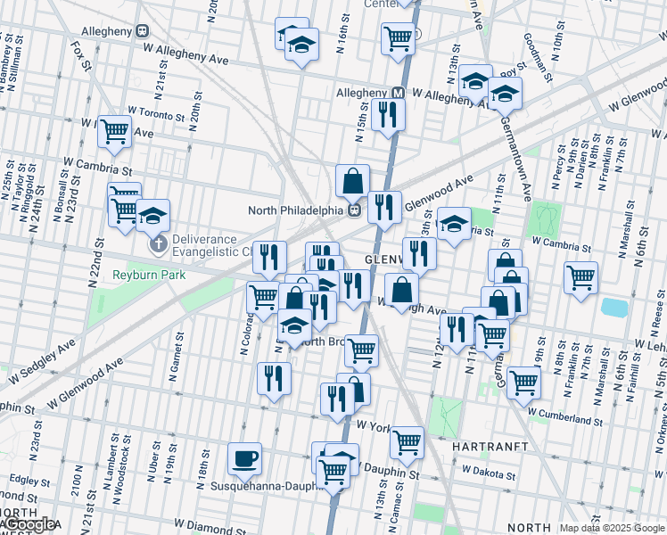 map of restaurants, bars, coffee shops, grocery stores, and more near 2738 North 15th Street in Philadelphia