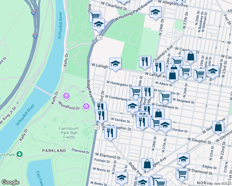 map of restaurants, bars, coffee shops, grocery stores, and more near 2523 North 32nd Street in Philadelphia