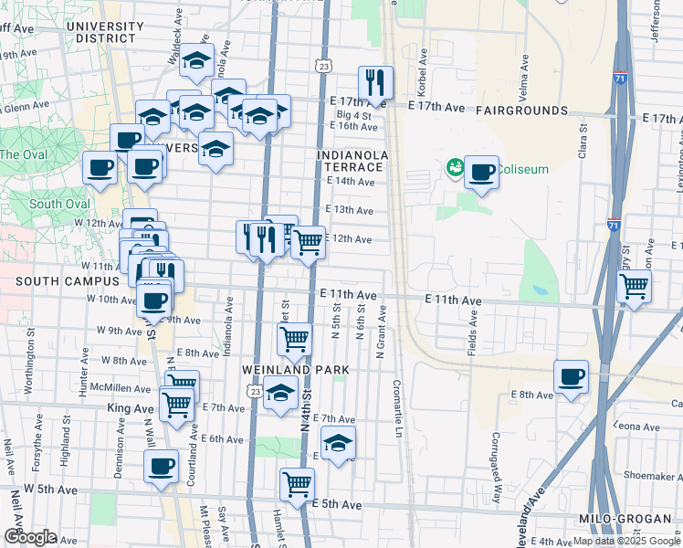 map of restaurants, bars, coffee shops, grocery stores, and more near 330 East 11th Avenue in Columbus