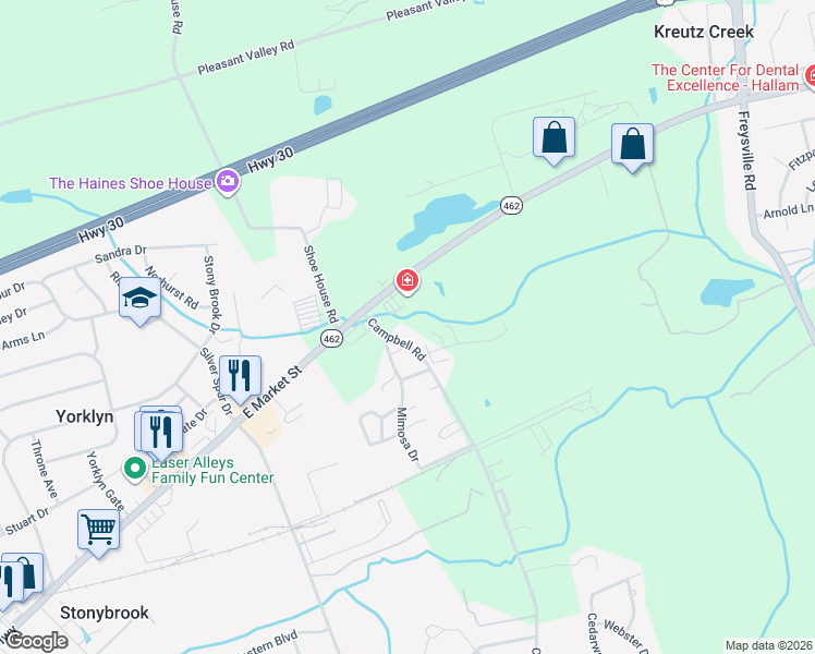 map of restaurants, bars, coffee shops, grocery stores, and more near 65 Campbell Road in York
