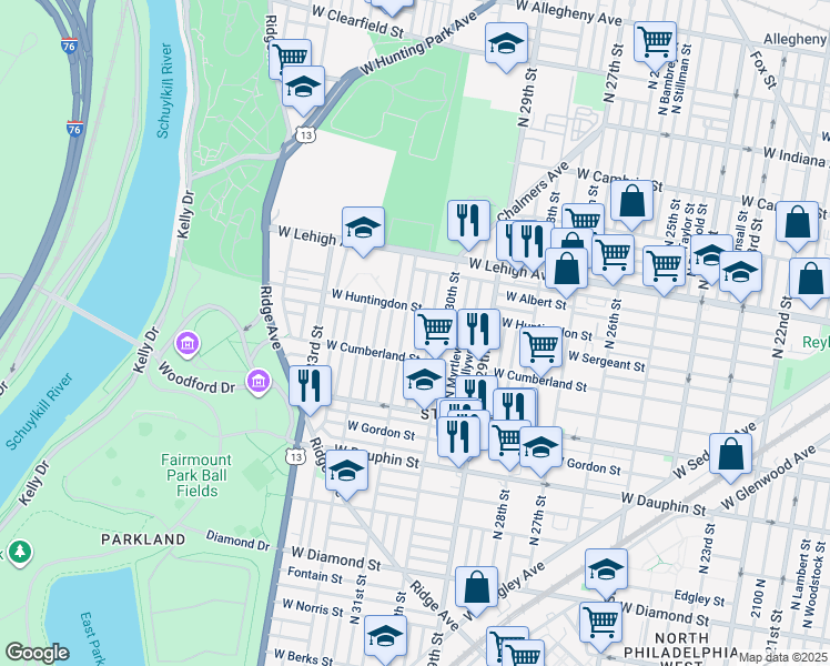 map of restaurants, bars, coffee shops, grocery stores, and more near 2534 North Stanley Street in Philadelphia