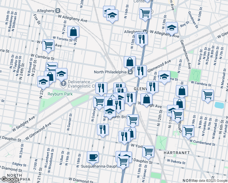 map of restaurants, bars, coffee shops, grocery stores, and more near 2723 N 16th St in Philadelphia