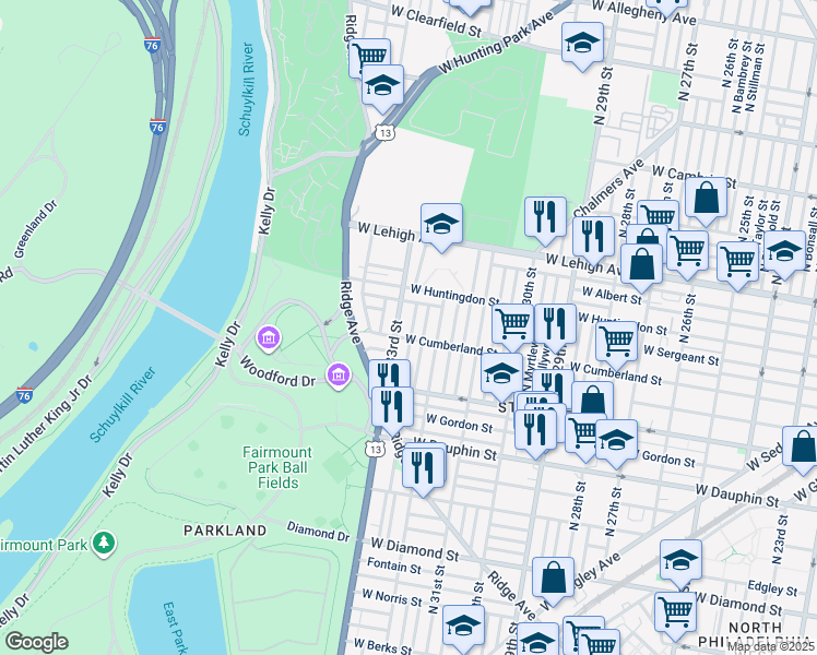 map of restaurants, bars, coffee shops, grocery stores, and more near 2514 North Douglas Street in Philadelphia