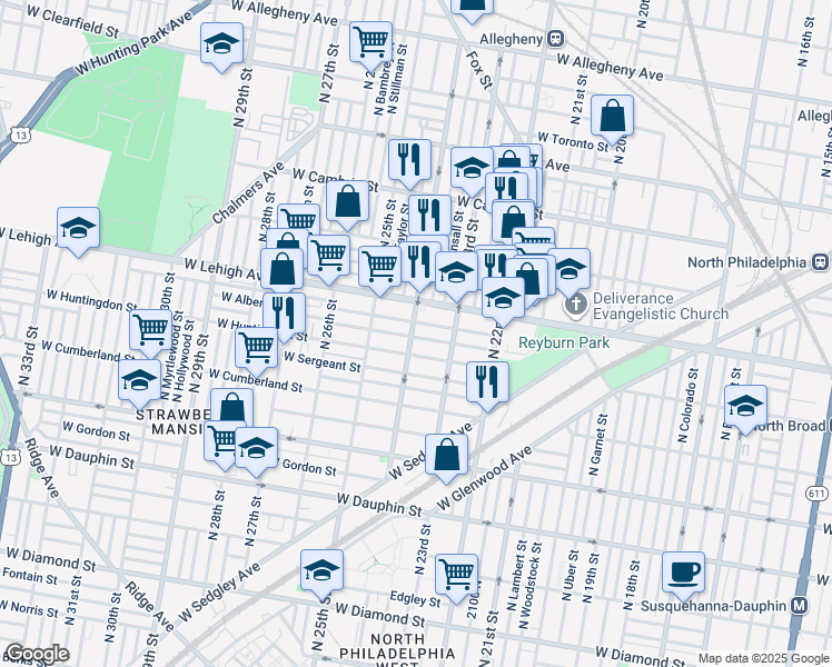 map of restaurants, bars, coffee shops, grocery stores, and more near 2623 North 24th Street in Philadelphia