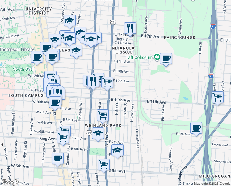 map of restaurants, bars, coffee shops, grocery stores, and more near 330 East 11th Avenue in Columbus