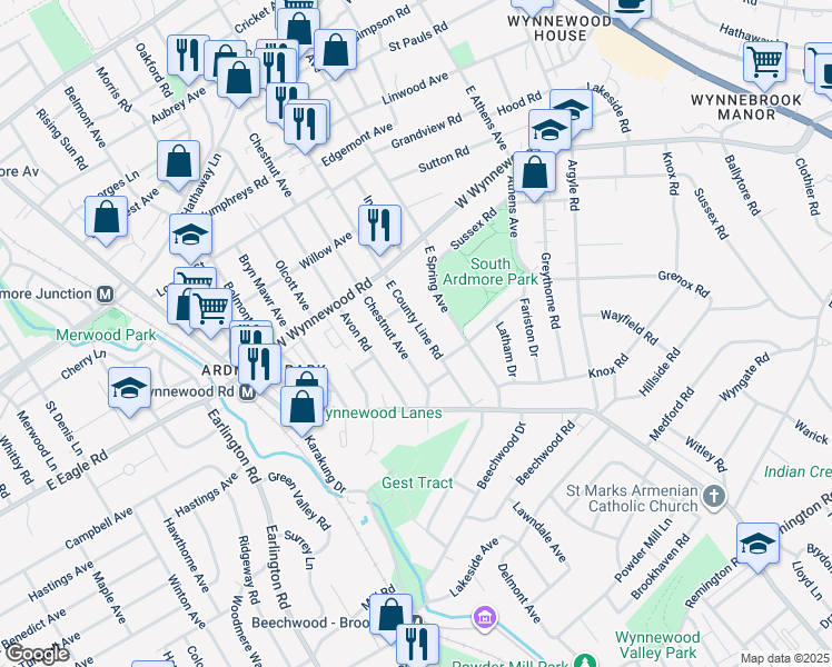 map of restaurants, bars, coffee shops, grocery stores, and more near 2142 East County Line Road in Ardmore