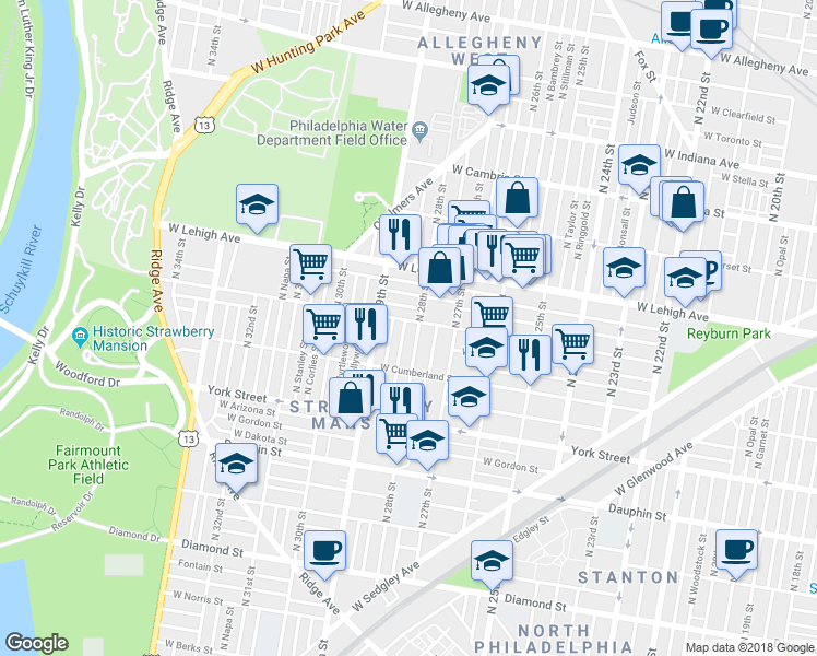 map of restaurants, bars, coffee shops, grocery stores, and more near 2824 West Huntingdon Street in Philadelphia