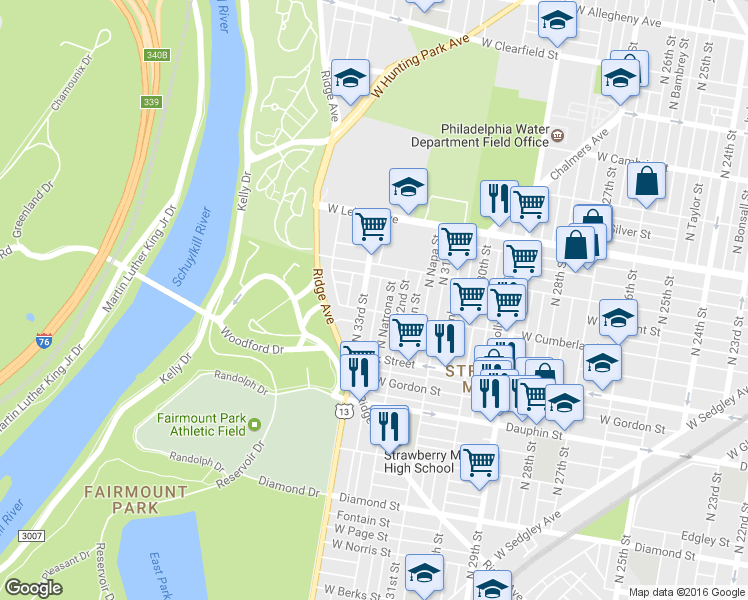 map of restaurants, bars, coffee shops, grocery stores, and more near 2514 North Douglas Street in Philadelphia