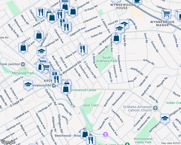 map of restaurants, bars, coffee shops, grocery stores, and more near 2142 East County Line Road in Ardmore
