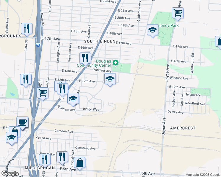 map of restaurants, bars, coffee shops, grocery stores, and more near 1219 East 12th Avenue in Columbus