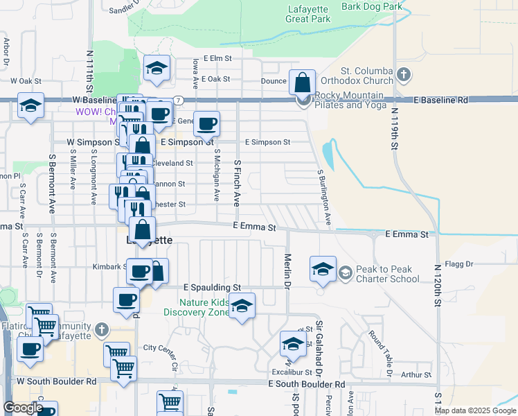 map of restaurants, bars, coffee shops, grocery stores, and more near 619 East Emma Street in Lafayette