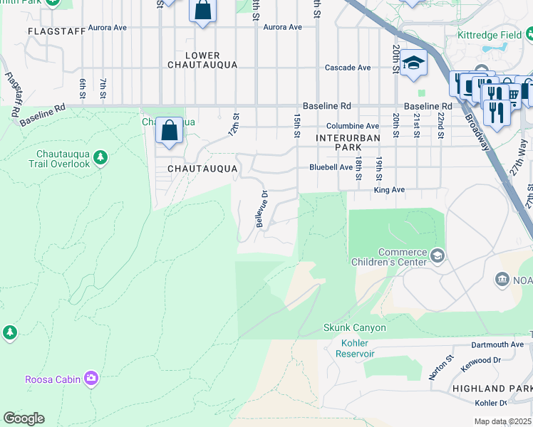 map of restaurants, bars, coffee shops, grocery stores, and more near 1405 Bellevue Drive in Boulder