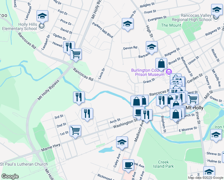 map of restaurants, bars, coffee shops, grocery stores, and more near 212-1/2 Rancocas Road in Mount Holly