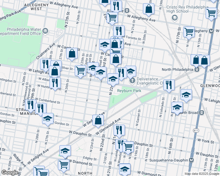 map of restaurants, bars, coffee shops, grocery stores, and more near 2618 North 22nd Street in Philadelphia