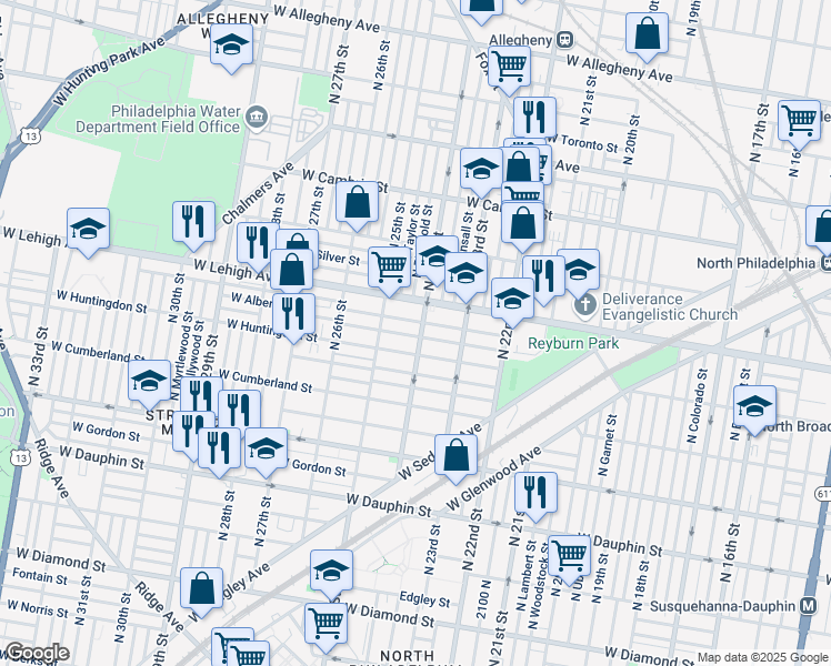 map of restaurants, bars, coffee shops, grocery stores, and more near 2601 North 24th Street in Philadelphia