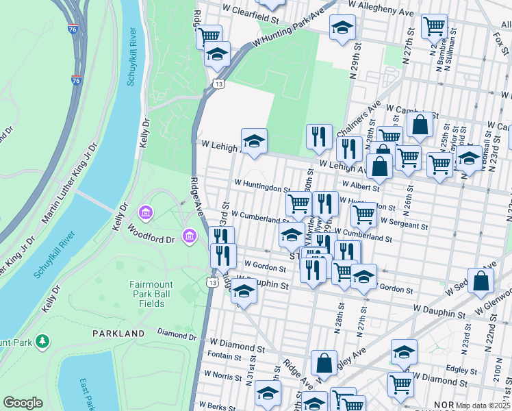 map of restaurants, bars, coffee shops, grocery stores, and more near 2523 North 32nd Street in Philadelphia