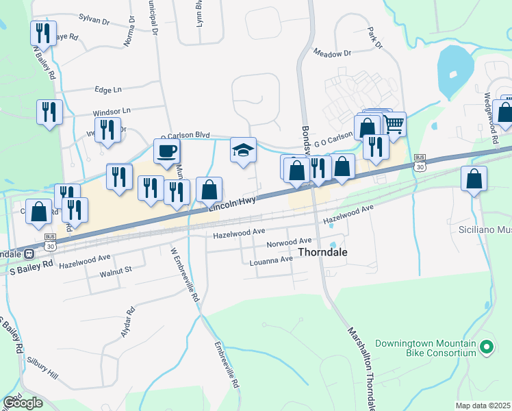 map of restaurants, bars, coffee shops, grocery stores, and more near 3611 Hazelwood Avenue in Downingtown