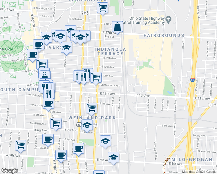 map of restaurants, bars, coffee shops, grocery stores, and more near 330 East 11th Avenue in Columbus