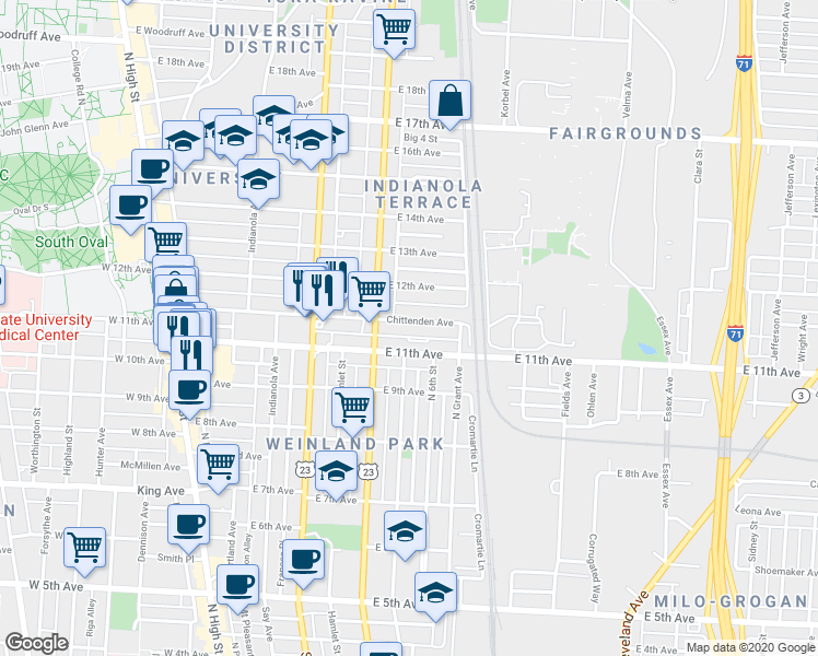 map of restaurants, bars, coffee shops, grocery stores, and more near 330 East 11th Avenue in Columbus