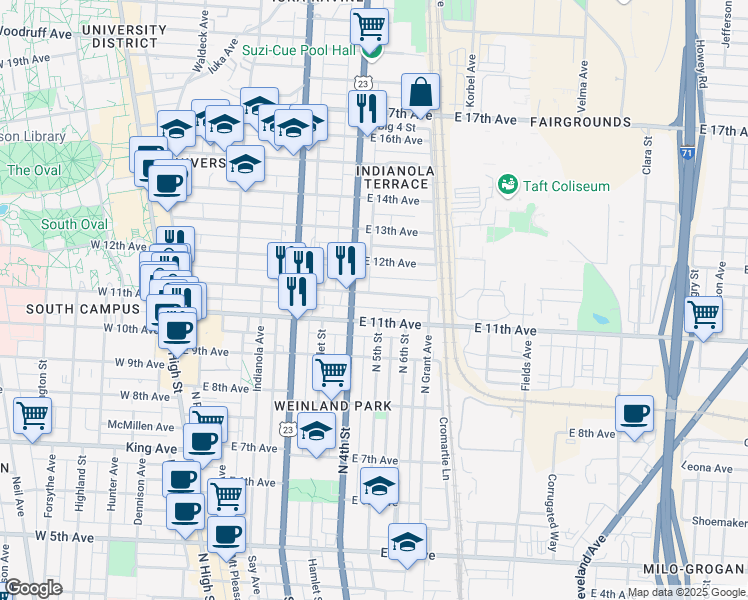 map of restaurants, bars, coffee shops, grocery stores, and more near 330 East 11th Avenue in Columbus
