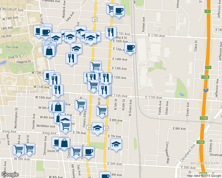 map of restaurants, bars, coffee shops, grocery stores, and more near 330 East 11th Avenue in Columbus