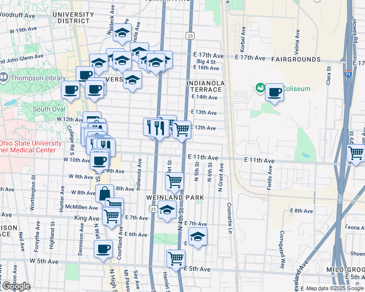 map of restaurants, bars, coffee shops, grocery stores, and more near 268 East 11th Avenue in Columbus