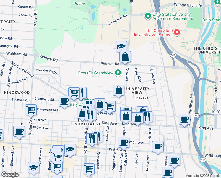 map of restaurants, bars, coffee shops, grocery stores, and more near 1109 Sells Avenue in Columbus