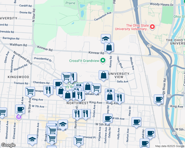 map of restaurants, bars, coffee shops, grocery stores, and more near 1168 Chambers Road in Columbus