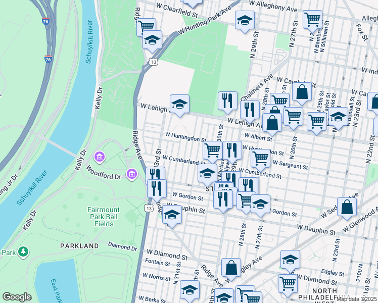 map of restaurants, bars, coffee shops, grocery stores, and more near 2530 North Napa Street in Philadelphia