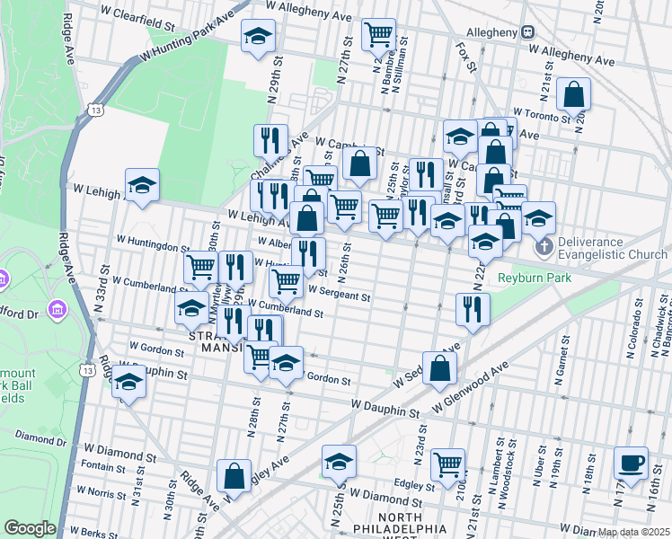 map of restaurants, bars, coffee shops, grocery stores, and more near 2607 West Huntingdon Street in Philadelphia