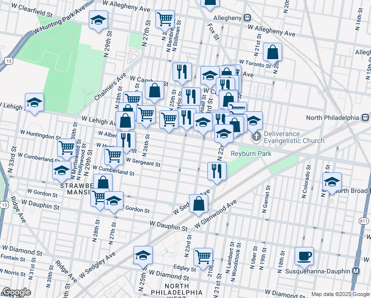 map of restaurants, bars, coffee shops, grocery stores, and more near 2625 North 24th Street in Philadelphia