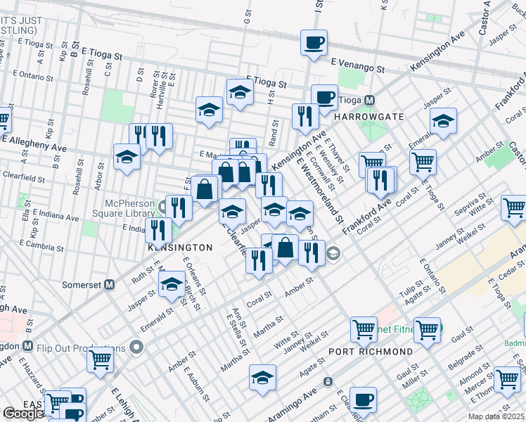 map of restaurants, bars, coffee shops, grocery stores, and more near 1859 East Wishart Street in Philadelphia