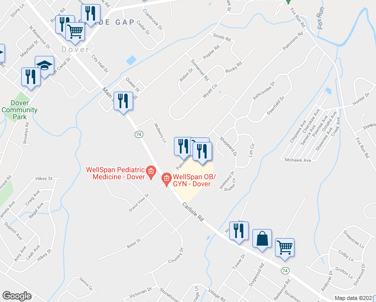 map of restaurants, bars, coffee shops, grocery stores, and more near 2171 Palomino Road in Dover