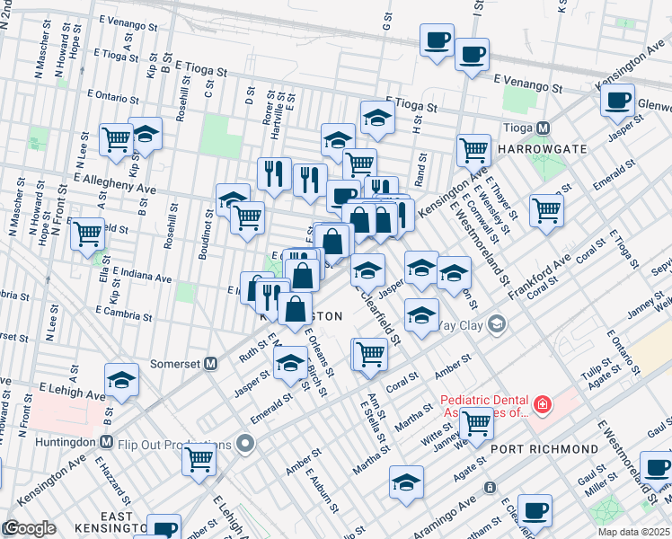 map of restaurants, bars, coffee shops, grocery stores, and more near 3074 Kensington Avenue in Philadelphia