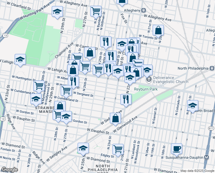 map of restaurants, bars, coffee shops, grocery stores, and more near 2625 North 24th Street in Philadelphia