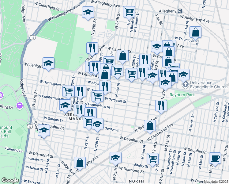 map of restaurants, bars, coffee shops, grocery stores, and more near 2607 West Huntingdon Street in Philadelphia